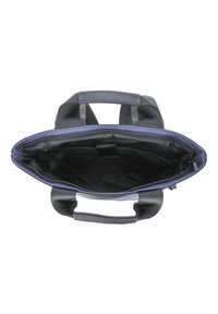 Borsa a mano in tessuto nero con doppi manici, chiusura con zip e interno blu scuro. Caratterizzata da una base piatta e una costruzione robusta.