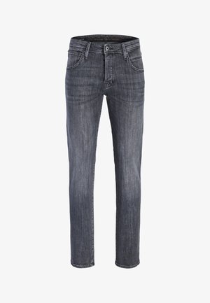 Pánské džíny s rovným střihem v tmavě šedém denimu s předními knoflíky a zipem, poutky na opasek a předními kapsami.