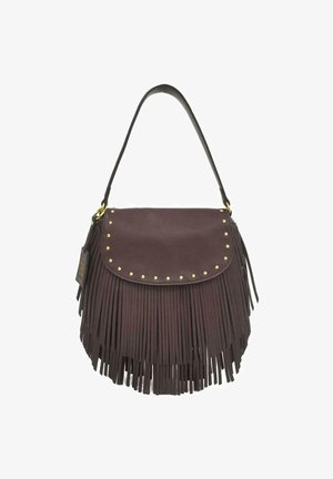 Borsa a tracolla in pelle marrone con un design frangiato, borchie dorate lungo la patta e un'unica tracolla. Texture liscia con dettagli di frange lunghe.
