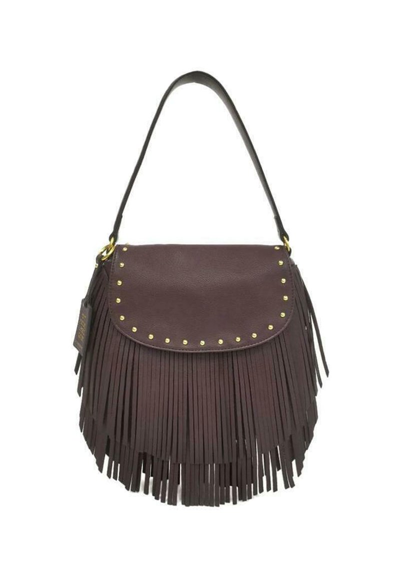 Borsa a tracolla in pelle marrone con un design frangiato, borchie dorate lungo la patta e un'unica tracolla. Texture liscia con dettagli di frange lunghe.
