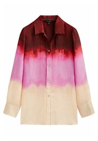 Camicia a maniche lunghe con un motivo a gradiente che passa dal rosso scuro al rosa e sfuma verso il crema, dotata di una chiusura frontale a bottoni e colletto.