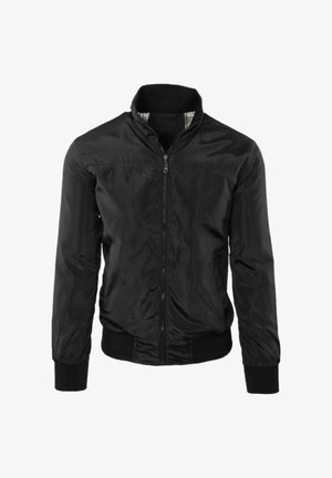 Bomber nero con zip integrale, polsini e orlo a coste, collo alto e tessuto liscio leggermente lucido.