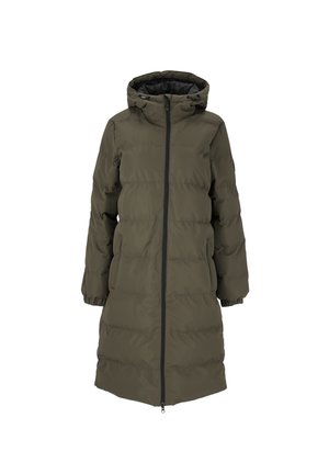 Abrigo acolchado en verde oliva, hasta las rodillas, con capucha, cremallera frontal completa, puños elásticos y un patrón cosido para aislamiento.