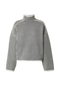 Schwarz-weißer gestreifter Rollkragenpullover mit langen Ärmeln, der eine lockere Passform und eine gerippte Struktur an den Bündchen und am Saum aufweist.