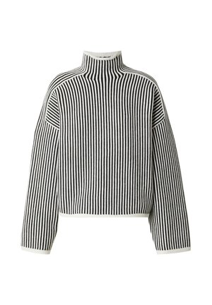 Schwarz-weißer gestreifter Rollkragenpullover mit langen Ärmeln, der eine lockere Passform und eine gerippte Struktur an den Bündchen und am Saum aufweist.