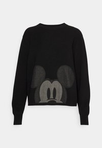 Czarny sweter z dużą szaro-skalową grafiką Myszki Mickey na przodzie. Dzianinowy materiał, okrągły dekolt i długie rękawy.