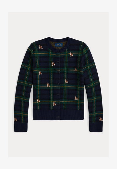 Cardigan de cuadros marino con acentos en verde y amarillo, con motivos de perros bordados. Cierre delantero de botones y puños acanalados con un ajuste relajado.