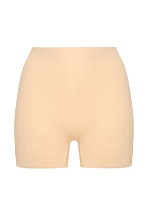 Shorts beige senza cuciture con vita a media altezza, realizzati in tessuto liscio ed elastico. Hanno un design aderente e una lunghezza corta.