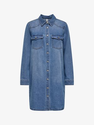 Denim shirt dress in light blue, featuring a pointed collar, button-down front, two chest pockets, and long sleeves.