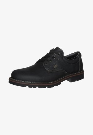 Chaussures à lacets en cuir noir avec une finition texturée, un embout rond, des surpiqûres contrastées et une semelle en caoutchouc robuste pour une meilleure adhérence.