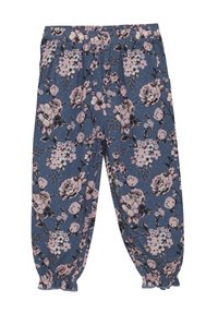 Blumenhose mit elastischem Bund, in blauem Grundton, mit rosa und weißen Blumenmustern sowie gerafften Bündchen am Saum.