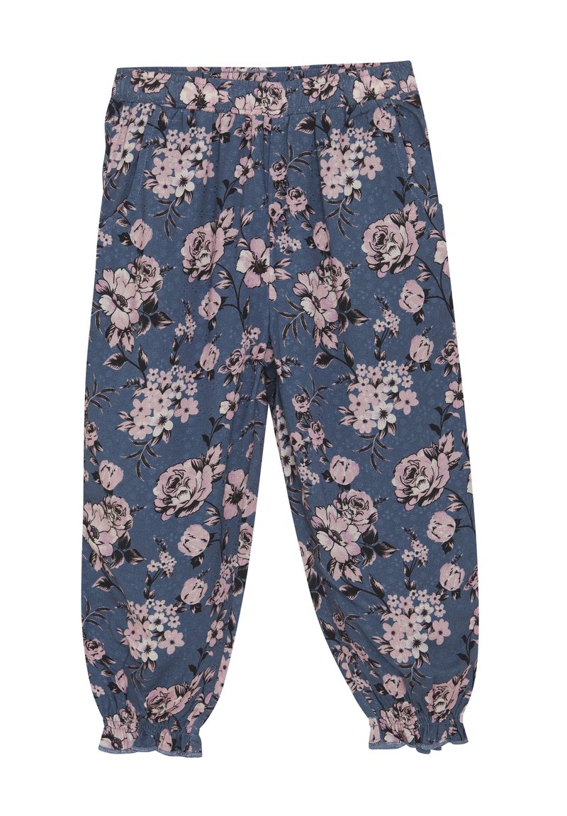 Blumenhose mit elastischem Bund, in blauem Grundton, mit rosa und weißen Blumenmustern sowie gerafften Bündchen am Saum.