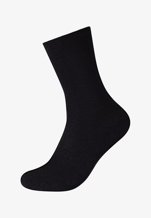 Schwarze Baumwollsocke mit geripptem Bund, glatter Textur, knöchellangem Design und abgerundeter Zehenpartie. Keine sichtbaren Muster oder Verzierungen.