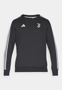 Sort langærmet sweatshirt med hvid Adidas-logo og tre hvide striber ned ad hver ærme. Rund halsudskæring og ribbede manchetter.