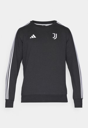 Sort langærmet sweatshirt med hvid Adidas-logo og tre hvide striber ned ad hver ærme. Rund halsudskæring og ribbede manchetter.