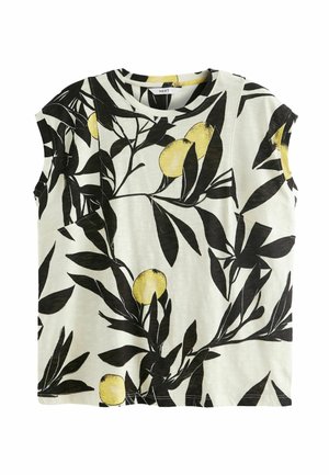 Sleeveless white top with black leafy branches and yellow fruit print, round neckline, and casual relaxed fit.