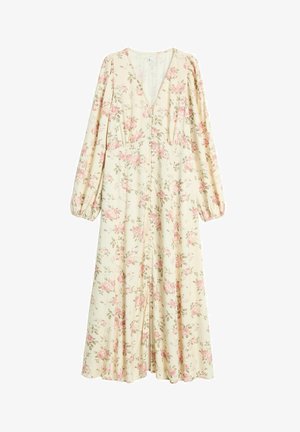 Bloemenjurk in crèmewit, met roze rozenpatronen, lange pofmouwen, een diepe V-hals en een vloeiende silhouet met een voorkuiltje.