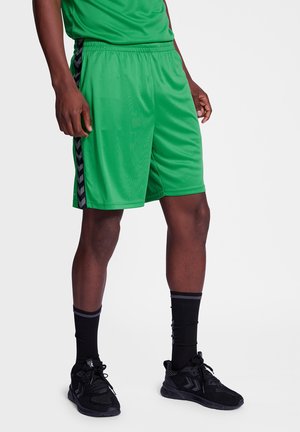 Pantalones cortos deportivos verdes hechos de un material ligero con una textura suave, que cuentan con franjas laterales negras y una cintura elástica.
