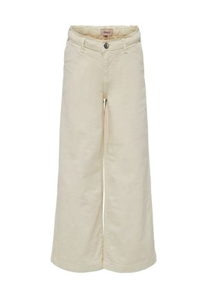 Wijde crème broekspijpen gemaakt van zacht materiaal, met een knoopsluiting en subtiele textuur, een hoge taille en ruimvallende pasvorm.