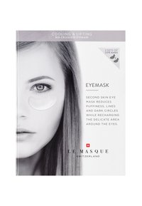 Opakowanie maski pod oczy z bio-celulozy w szaro-białym wzorze. Zawiera zbliżenie modelki z przejrzystą maską pod jednym okiem. Tekst zawiera szczegóły produktu.