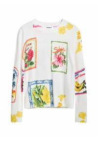 White knit sweater featuring colorful floral and tropical postcard designs, with yellow accents and ribbed cuffs and hem.