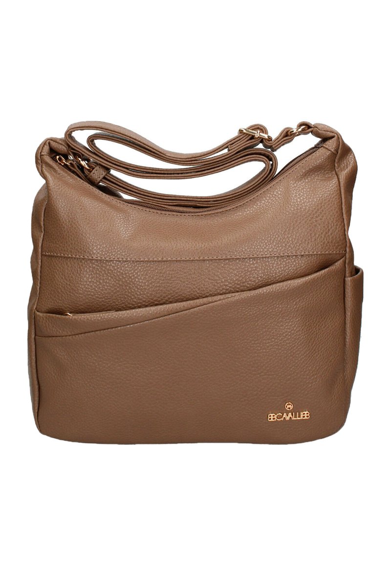 Borsa a spalla in pelle marrone con finitura testurizzata, due manici superiori e una tasca frontale. Presenta una cucitura sottile e un motivo in oro.