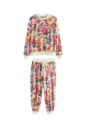 Blumiges Sweatshirt- und Jogginganzug-Set, mit einer cremefarbenen Grundfarbe und roten, gelben und blauen Blumen. Weicher Stoff, gerippte Bündchen und verstellbarer Kordelzug.