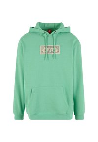 Miętowa bluza z kapturem z przednią kieszenią i sznurkami, z prostokątną grafiką zmodyfikowanej banknotu dolarowego umieszczoną na środku klatki piersiowej.