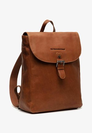 Brauner Leder-Rucksack mit Klappenverschluss, metallischem Schnallenverschluss und verstellbaren Stoffträgern. Verfügt über eine glatte Textur und ein geprägtes Logo auf der Vorderseite.