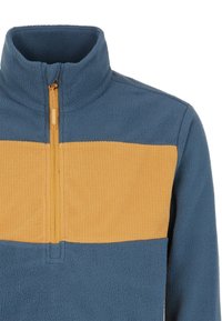 Fleece pullover med halv lynlås, med en blå krop og en sennepsgul vandret stribe. Blødt tekstur med ribbet detaljer i striben.