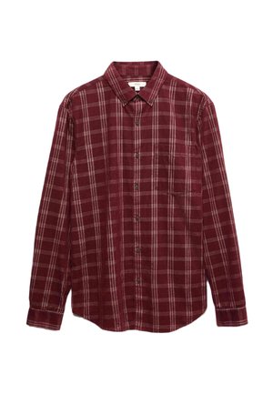 Bordeaux károvaná košile s knoflíky a límečkem, která má levou náprsní kapsu, dlouhé rukávy a měkkou, strukturovanou látku.