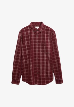 Bordeaux-kariertes Hemd mit Kragen, links mit einer Brusttasche, langen Ärmeln und einem weichen, strukturierten Gewebe.