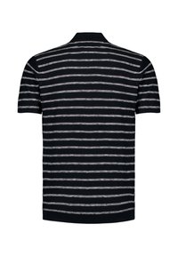 Zwarte gestreepte polo shirt met korte mouwen, voorzien van smalle witte en grijze strepen, een klassieke kraag en een rechte zoom. Van zacht katoen.
