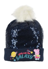 Gorro de marinero con lentejuelas, pompón blanco de peluche y un puño acanalado que presenta el texto "las chicas dominan la galaxia" y un personaje de dibujos animados.