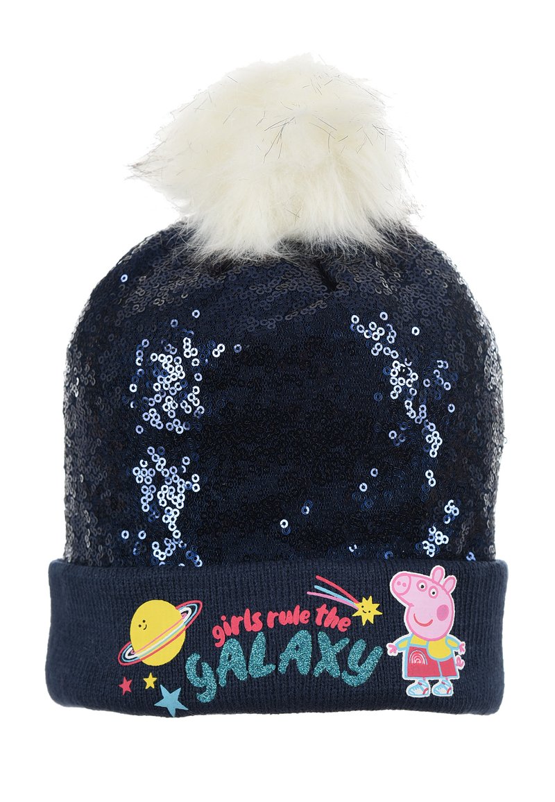 Gorro de marinero con lentejuelas, pompón blanco de peluche y un puño acanalado que presenta el texto "las chicas dominan la galaxia" y un personaje de dibujos animados.