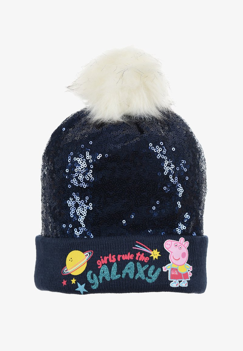 Berretto navy con paillettes, pom-pom bianco in peluche e un bordo a costine con testo "le ragazze governano la galassia" e un personaggio dei cartoni animati.