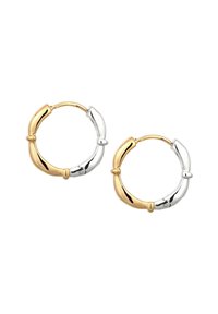 Gold- und Silber-Hoops mit einem gebogenen, röhrenförmigen Design. Sie haben abwechselnde metallische Oberflächen und einen sicheren Verschluss. Glatte Textur.