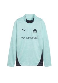 Gaiši zila garām piedurknēm sporta krekls ar pus-izšūtu apkakli, teksturētu rakstu, melniem akcentiem un Puma un Randstad logo.