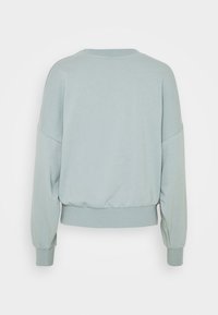 Jasnozielona bluza z okrągłym dekoltem, opuszczonymi ramionami i elastycznymi mankietami. Gładka faktura i ściągacz w talii.