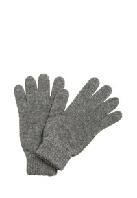 Grå stickade handskar med en ribbad manchet, med ett strukturerat mönster och fem individuella fingrar för rörelsefrihet.