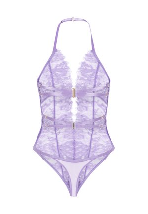 Lace bodysuit in lichtpaars met halternek, doorschijnend ontwerp, metallic accenten in de taille en een thong achterkant. Fijn bloempatroon detail.