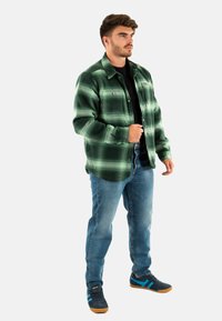 Chemise en flanelle à carreaux verts avec une coupe décontractée, manches longues et fermeture à boutons, associée à un jean bleu et des baskets foncées avec des accents bleus.