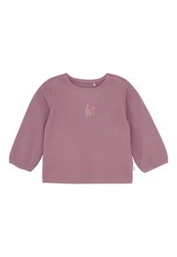 Langermige peuter t-shirt in stoffige roze ribbelstof met een kleine "hi" en hart grafiek in het midden van de voorkant.