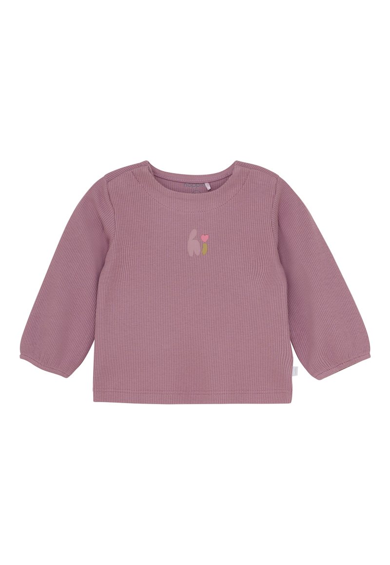 Langermige peuter t-shirt in stoffige roze ribbelstof met een kleine "hi" en hart grafiek in het midden van de voorkant.