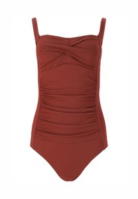 Maillot de bain une pièce bordeaux avec bretelles ajustables, tissu texturé et détaillage froncé au niveau du buste, présentant une ouverture de cuisse classique.