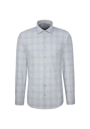 Camicia da uomo a manica lunga con motivo a quadri bianco e azzurro pallido e chiusura con bottoni sul davanti.