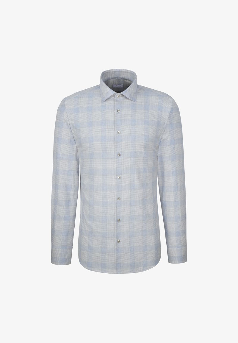 Chemise habillée homme à manches longues avec motif à carreaux bleu pâle et blanc et fermeture boutonnée sur le devant.