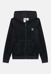 Black zip-up hoodie made of soft fabric. Features a hood, kangaroo pockets, and a small white Adidas logo on the left chest.