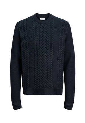 Navy knitted sweater featuring textured cable patterns, chunky ribbed collar, cuffs, and hem. Constructed from a soft, warm fabric.
