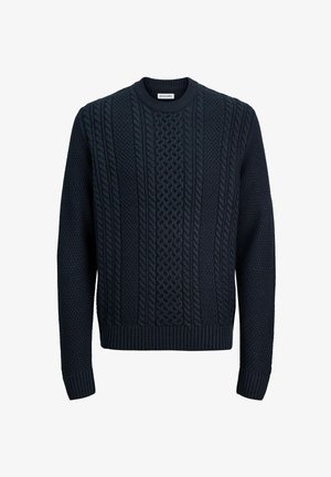 Marine gebreide trui met textuurvolle kabelpatronen, chunky geribde kraag, manchetten en zoom. Gemaakt van een zachte, warme stof.